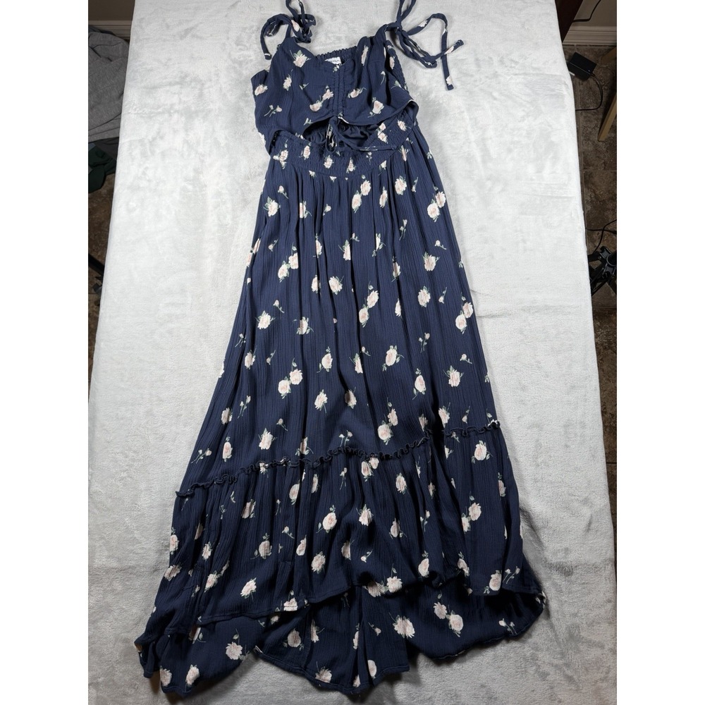 Hollister Navy Floral Smocked Maxi Dress Tie Strap Tiered Boho Size L Regular